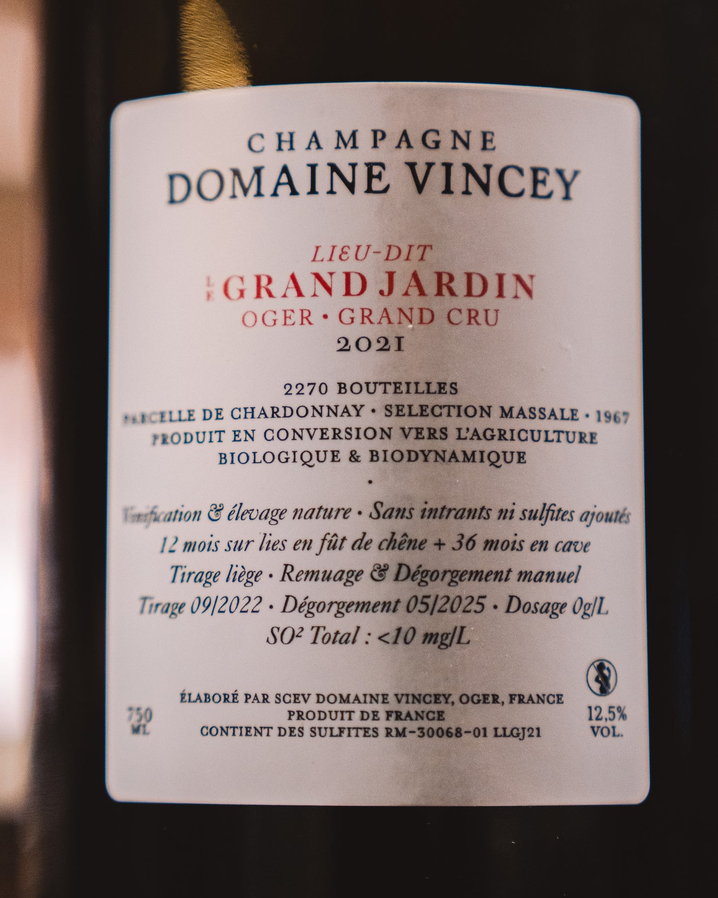 Le Grand Jardin 2021 du Domaine Vincey, Champagne Grand Cru d'Oger élaboré par Marine et Quentin Vincey à partir de vieilles vignes de chardonnay