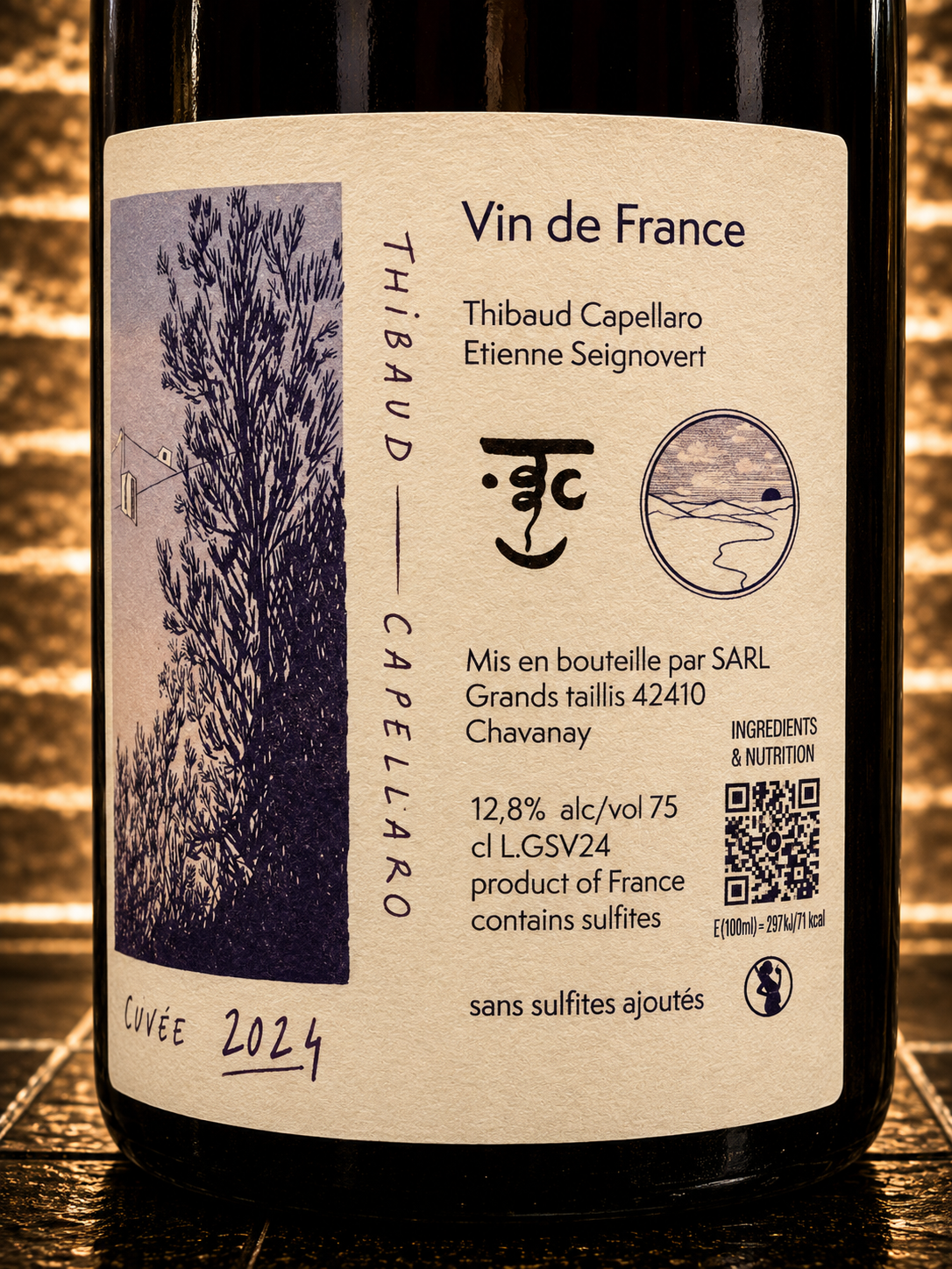Bouteille d'Ombre et Lumière 2024 de Thibaud Capellaro et Étienne Seignovert, assemblage de syrah, grenache et viognier de la Vallée du Rhône.