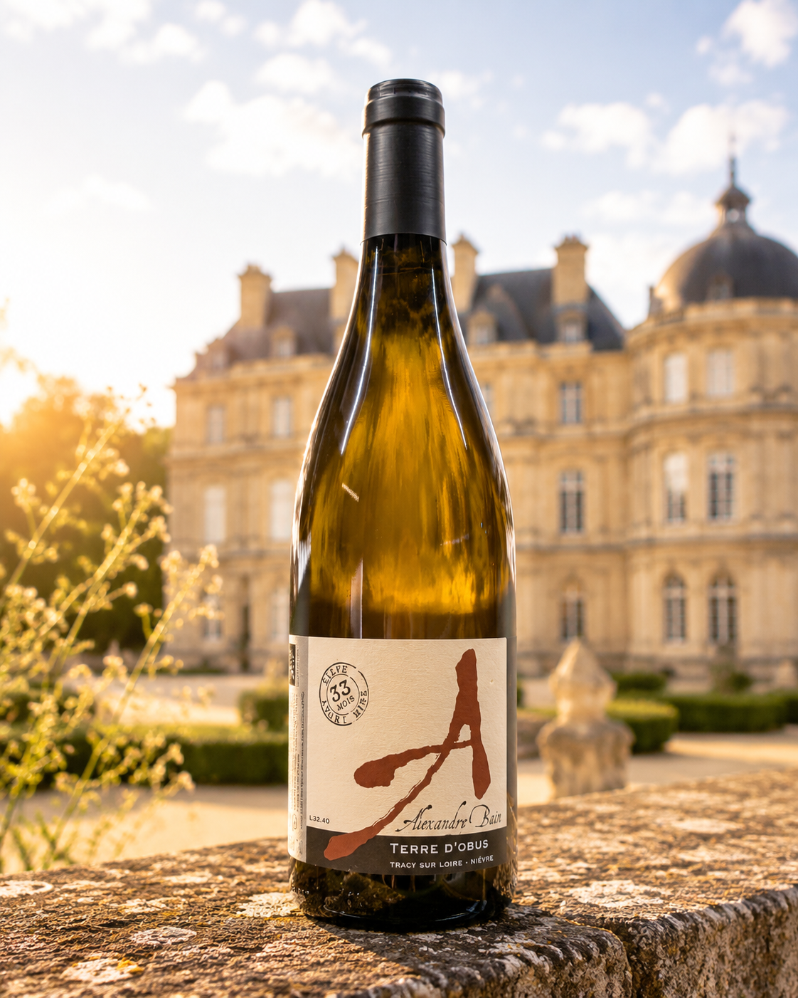 Bouteille de Terre d’Obus 2023 d’Alexandre Bain, sauvignon de Loire, photographiée devant un château dans une lumière dorée.