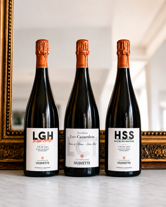 Coffret Parcellaire Maxime Oudiette composé des champagnes Les Gras d'Huile 2021, Les Caourdets 2021 et Les Hautes Sources Souris 2021.