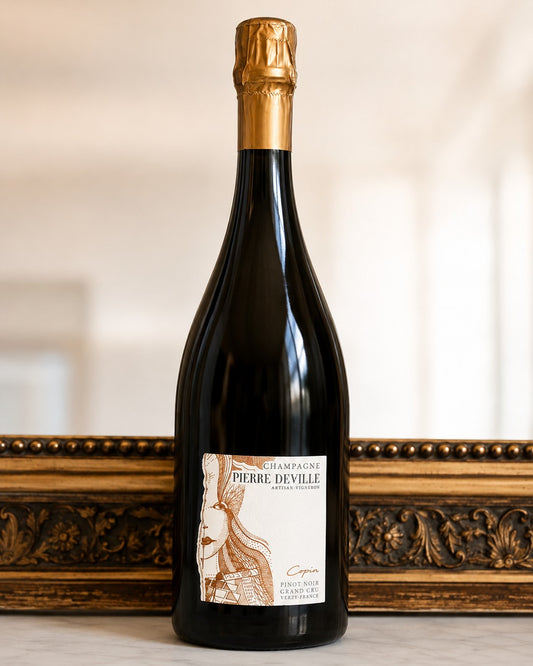 Copin Pinot 2021 de Pierre Deville, Champagne Blanc de Noirs Grand Cru élaboré par Alban Corbeaux à Verzy.