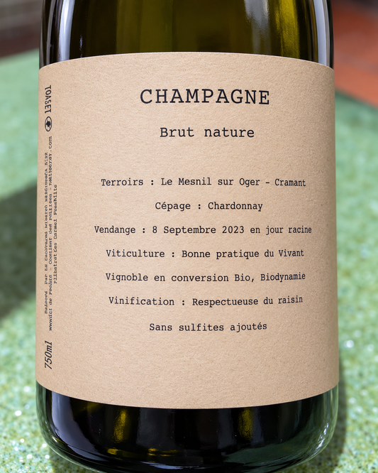 Premier Voyage 2023 de Mathieu Deshautels : chardonnay du Mesnil-sur-Oger et de Cramant, brut nature, sans sulfites ajoutés.