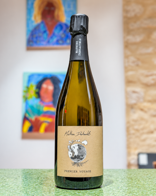 Premier Voyage 2023 de Mathieu Deshautels : chardonnay du Mesnil-sur-Oger et de Cramant, brut nature, sans sulfites ajoutés.