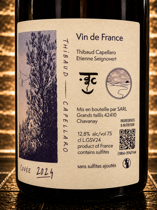Bouteille d'Ombre et Lumière 2024 de Thibaud Capellaro et Étienne Seignovert, assemblage de syrah, grenache et viognier de la Vallée du Rhône.