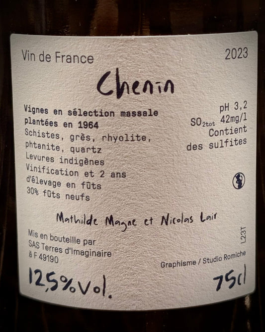 Bouteille de Temple 2023, chenin d’Anjou du domaine Terres d’Imaginaire de Mathilde Magne et Nicolas Lair.