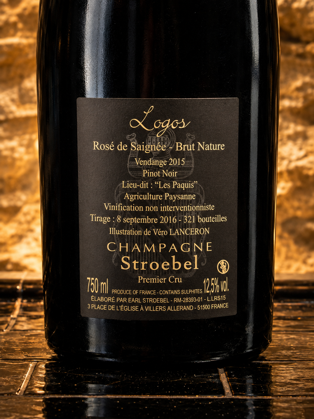 Champagne Timothée Stroebel Logos Rosé 2015, rosé de saignée 100 % Pinot Noir des Paquis à Villers-Allerand.