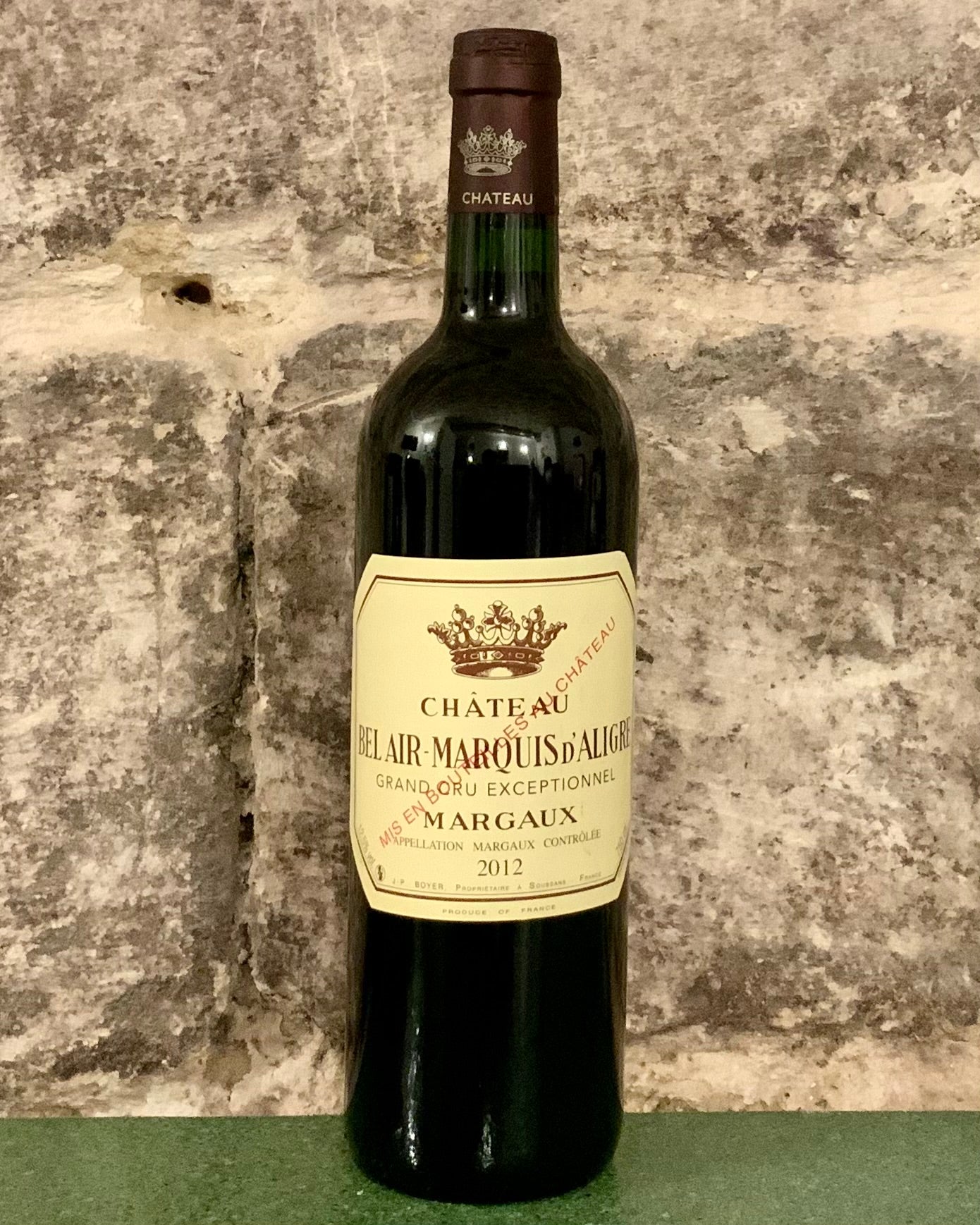 Bouteille de Bel Air Marquis d'Aligre 2012, grand vin de Margaux signé Jean-Pierre Boyer
